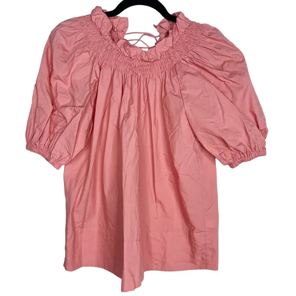J Crew Womens XS Pink Smocked Neck Puff Sleeve Cotton Poplin Top Lace Up Back